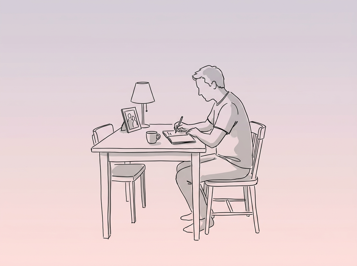 Line drawing of a person writing in a notebook at a kitchen table, with a lamp, a mug and a framed photograph beside them